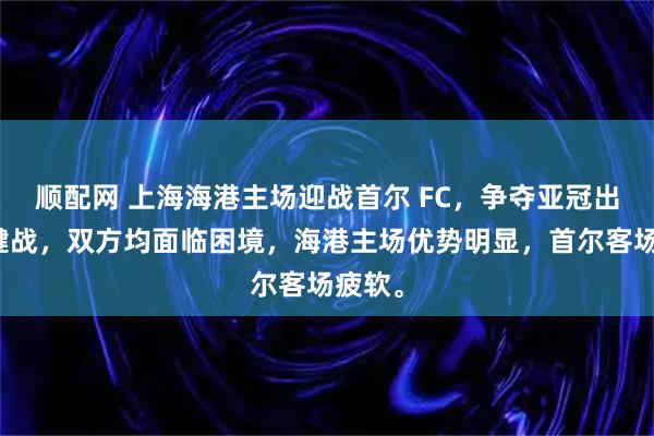 顺配网 上海海港主场迎战首尔 FC，争夺亚冠出线关键战，双方均面临困境，海港主场优势明显，首尔客场疲软。